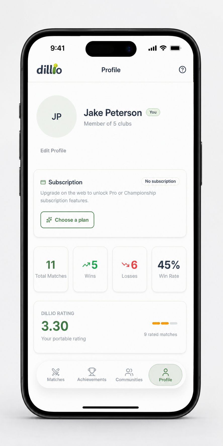 Dillio mobile app profile showing pickleball match statistics, rating, and subscription tools