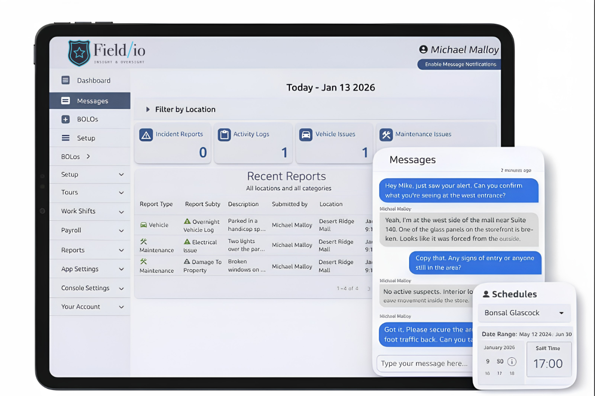 Field/io operations dashboard with incident reports, team messages, and workforce schedules